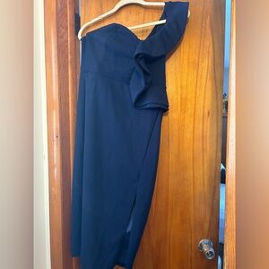 Navy blue dress that can be worn as a one shoulder or strapless